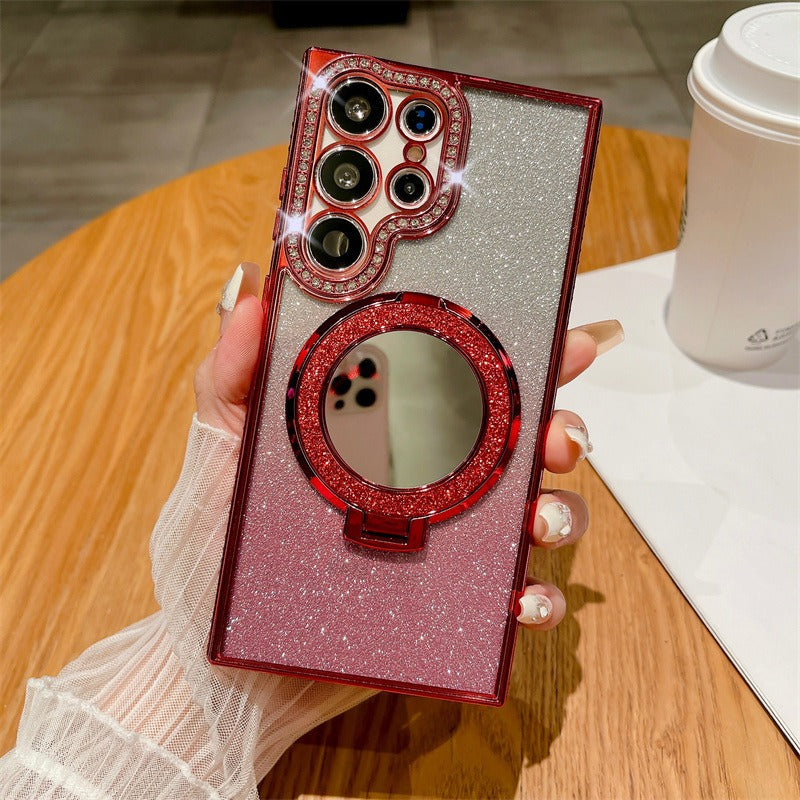 Rhinestone Glitter Magnetic Mirror Stand Anti-drop Phone Case for Samsung