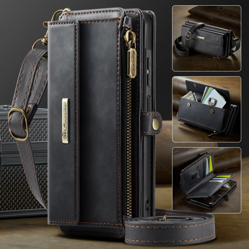 New Retro RFID-Shielded Zipper Wallet, Supports Wireless Charging, Comes with Long and Short Lanyards, Leather Phone Case for Samsung
