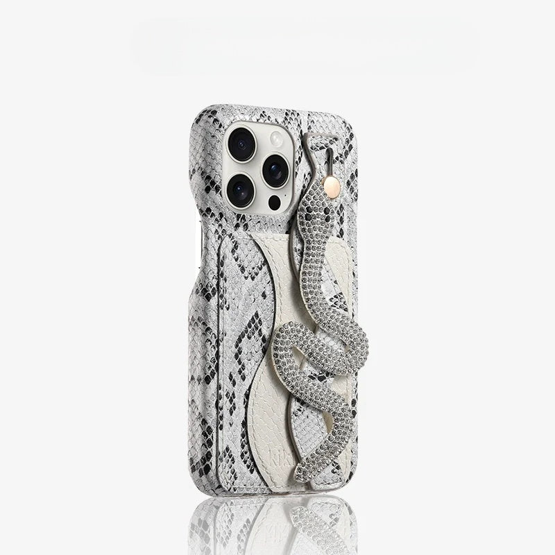 High-grade Snake Pattern Card Holder Diamond Wristband Case For iPhone