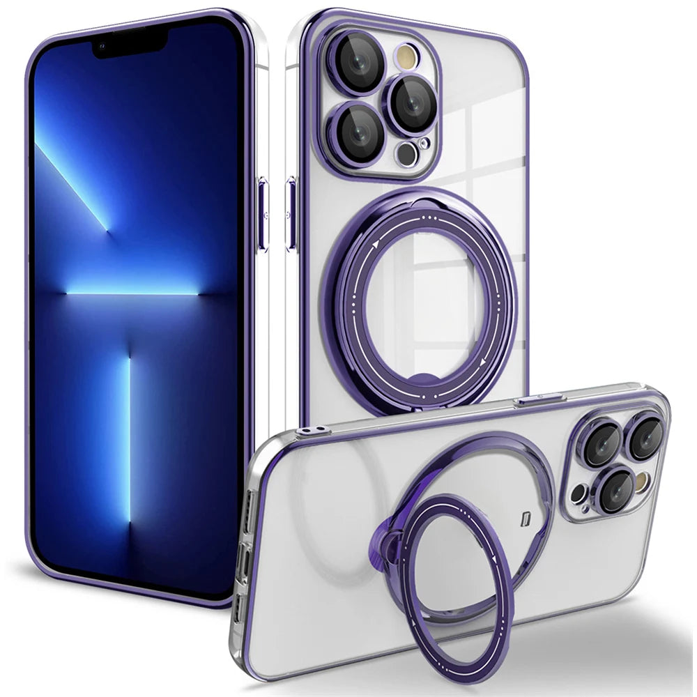 Luxury Plating Clear Rotating Magnetic Stand Phone Case For iPhone