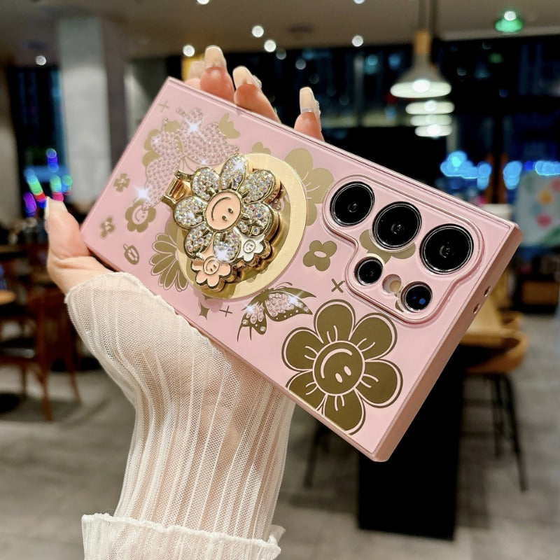 Rhinestone Butterfly And Flower Magnetic Phone Case for Samsung