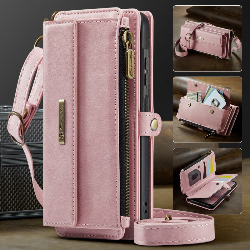 New Retro RFID-Shielded Zipper Wallet, Supports Wireless Charging, Comes with Long and Short Lanyards, Leather Phone Case for Samsung