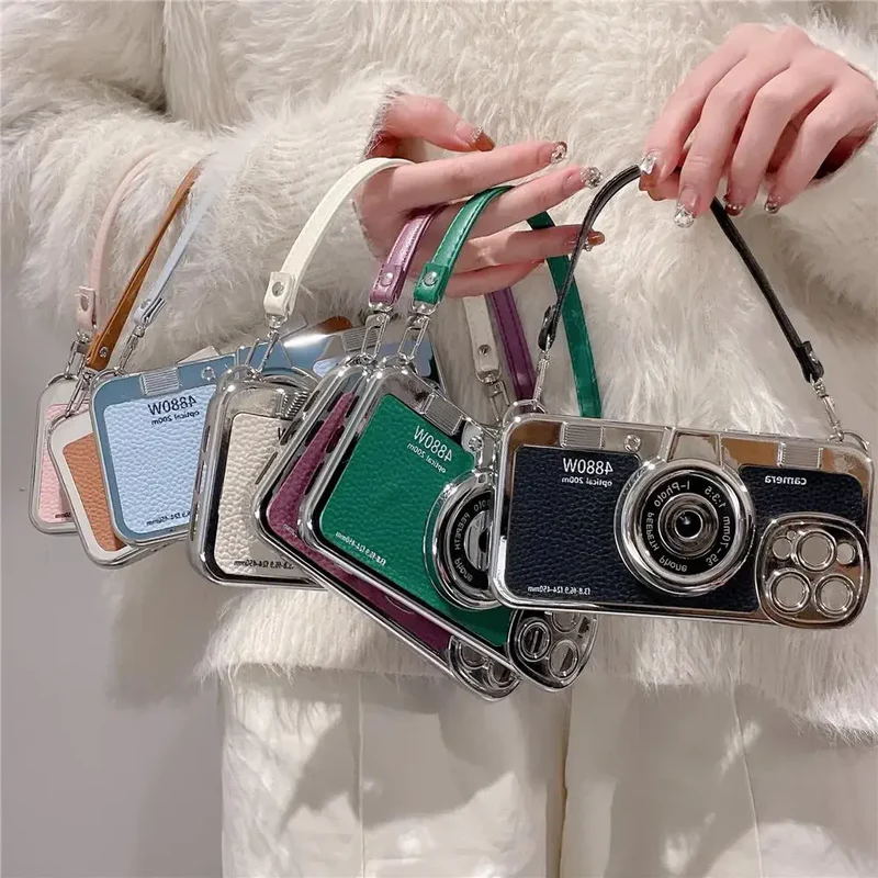 3D Retro Camera Graphic Phone Case PU Leather Strap For iPhone