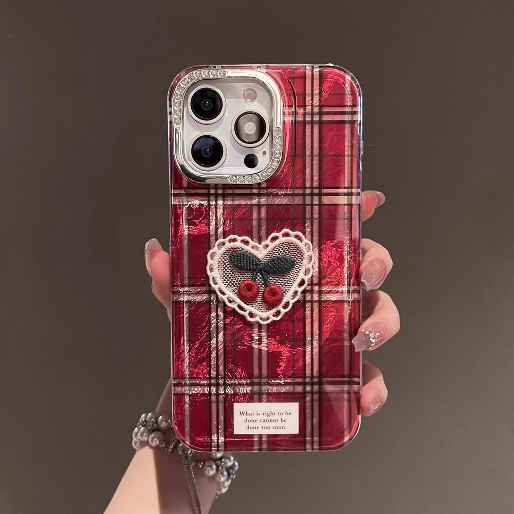 Cherry Red Plaid Love Heart Premium Bracelet Case For iPhone