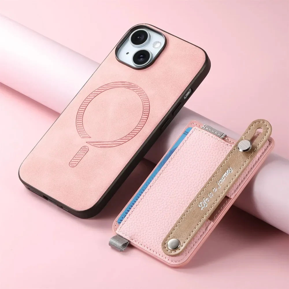 2 in 1 Detachable Magnetic Leather Card Slot Wrist Strap Wallet Case for iPhone