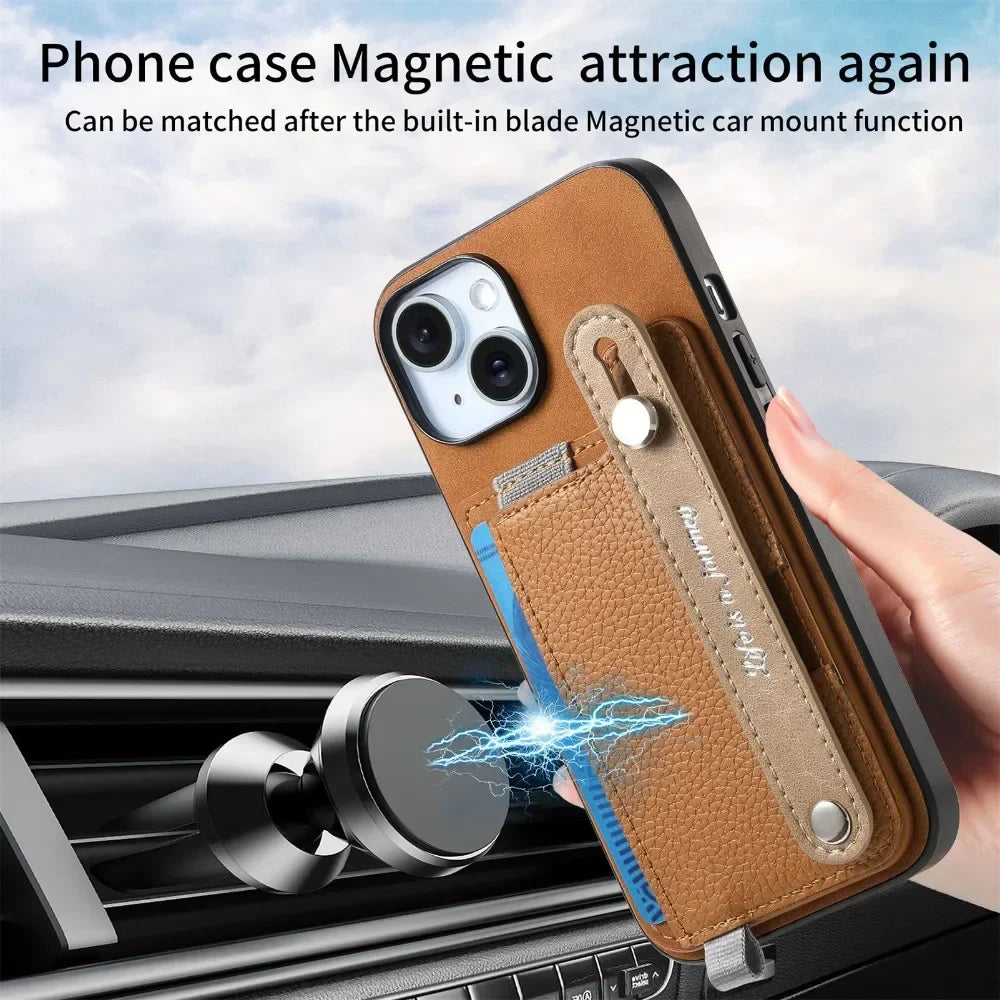 2 in 1 Detachable Magnetic Leather Card Slot Wrist Strap Wallet Case for iPhone