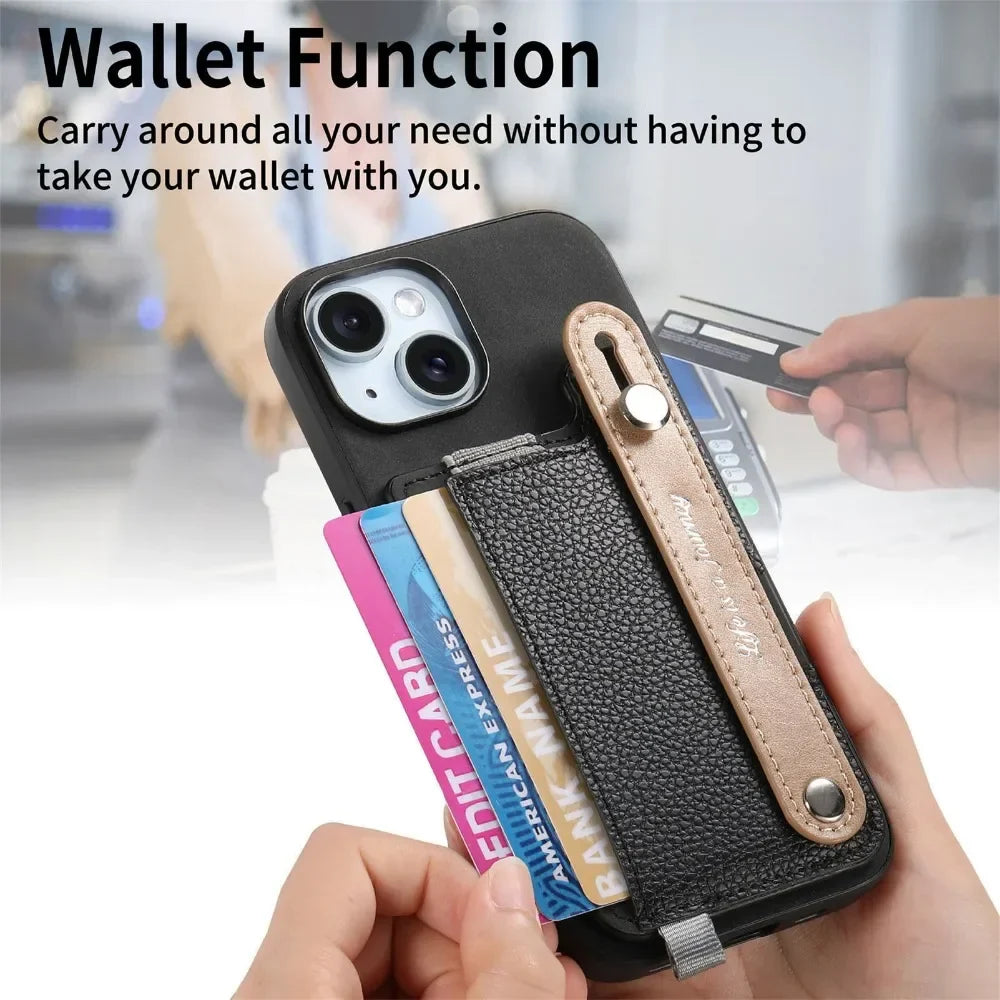 2 in 1 Detachable Magnetic Leather Card Slot Wrist Strap Wallet Case for iPhone