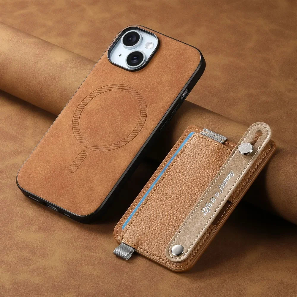 2 in 1 Detachable Magnetic Leather Card Slot Wrist Strap Wallet Case for iPhone