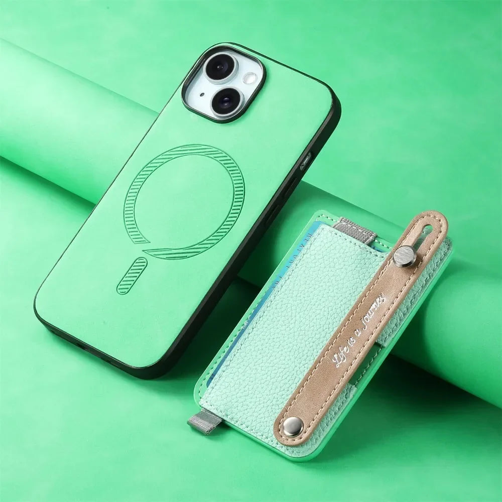 2 in 1 Detachable Magnetic Leather Card Slot Wrist Strap Wallet Case for iPhone