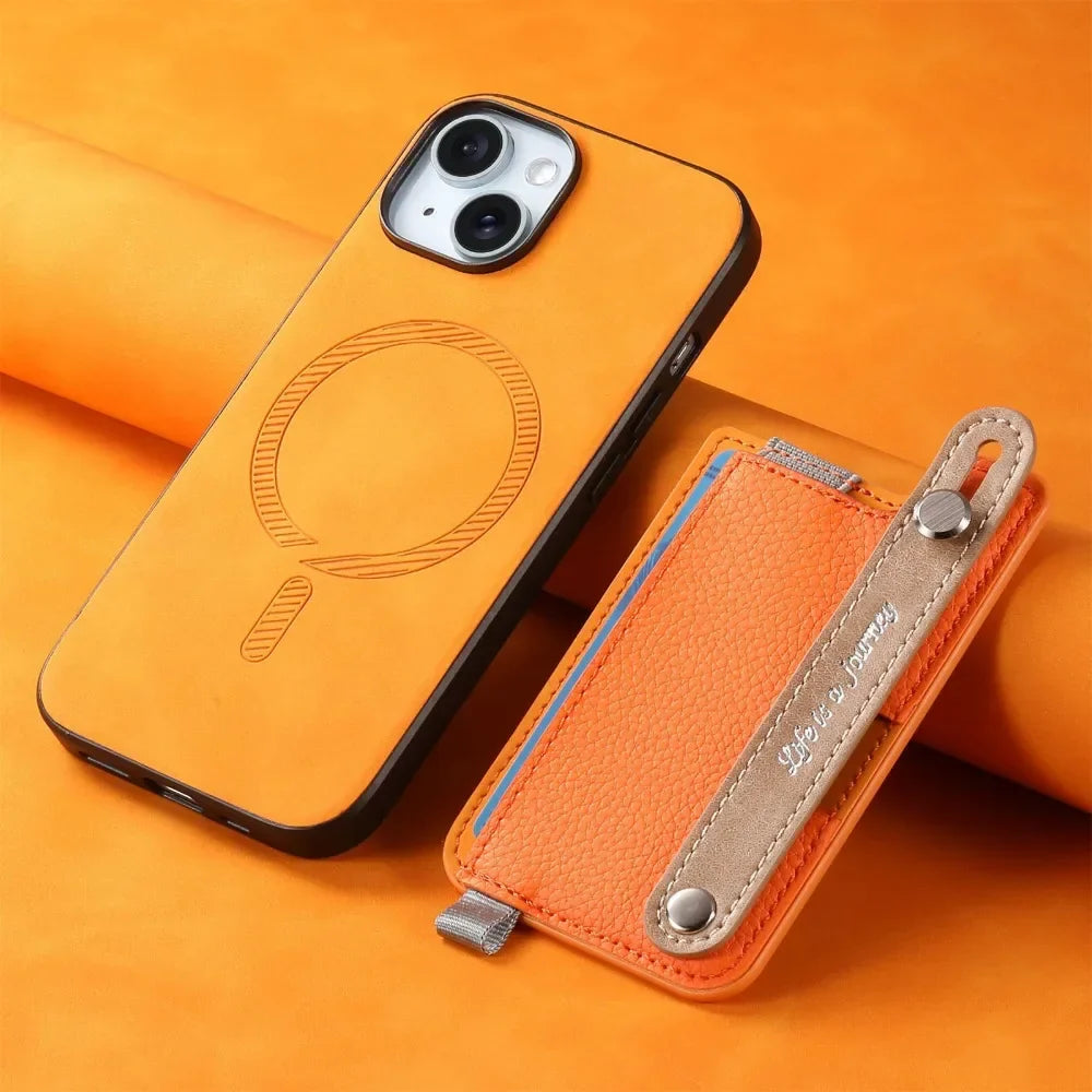 2 in 1 Detachable Magnetic Leather Card Slot Wrist Strap Wallet Case for iPhone