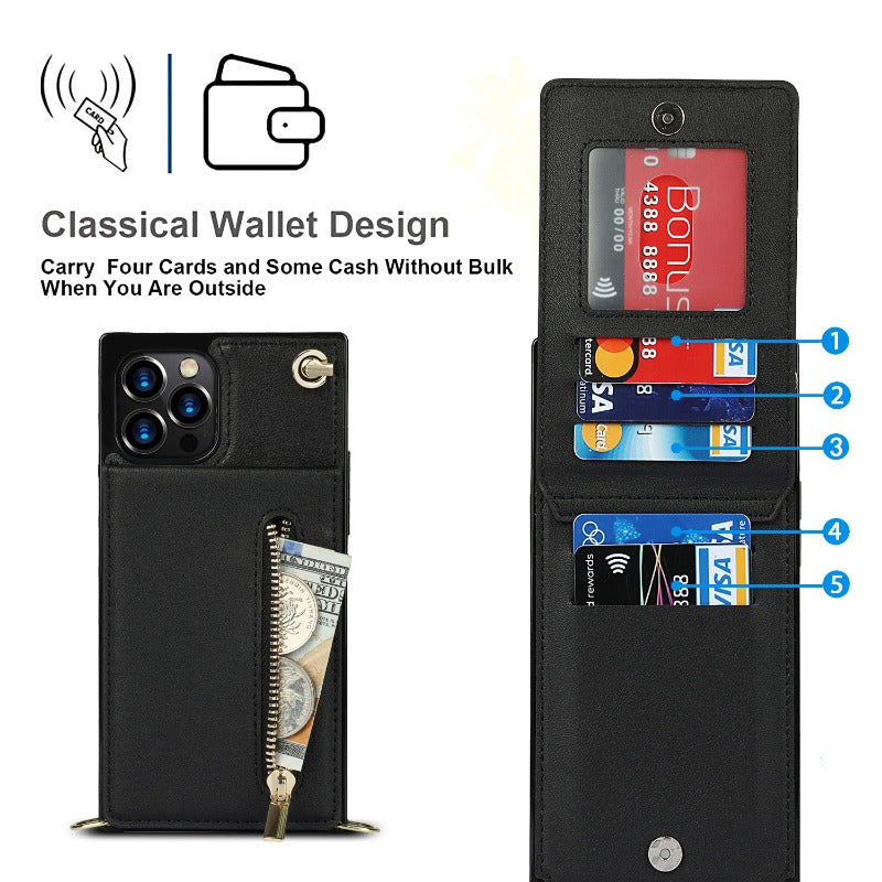 Stylish Leather Crossbody Zipper Back Cover Holder Wallet Card Holder Phone Case 3-In-1 for iphone