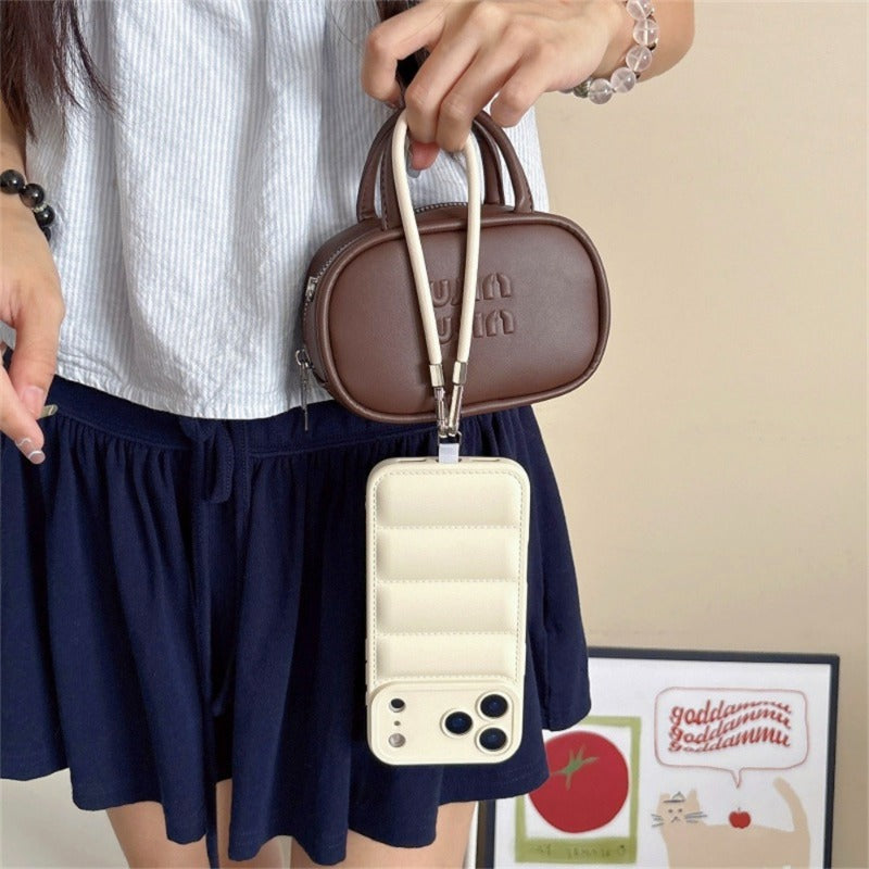 New Leather INS-style Down Jacket Lanyard Phone Case for IPhone