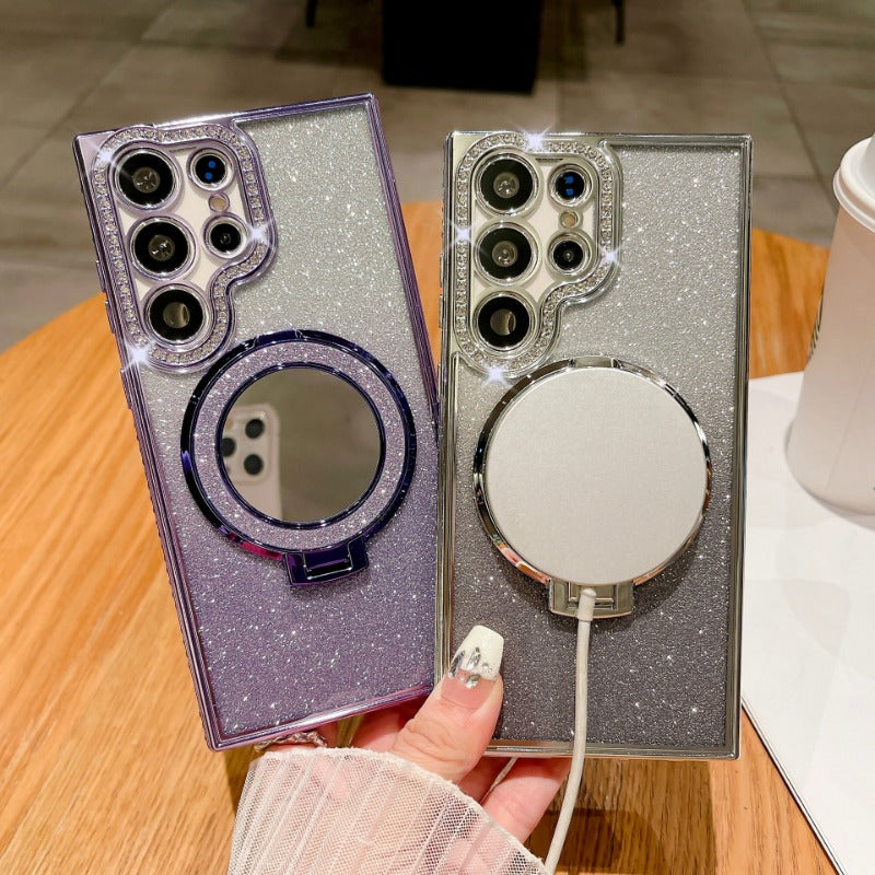 Rhinestone Glitter Magnetic Mirror Stand Anti-drop Phone Case for Samsung