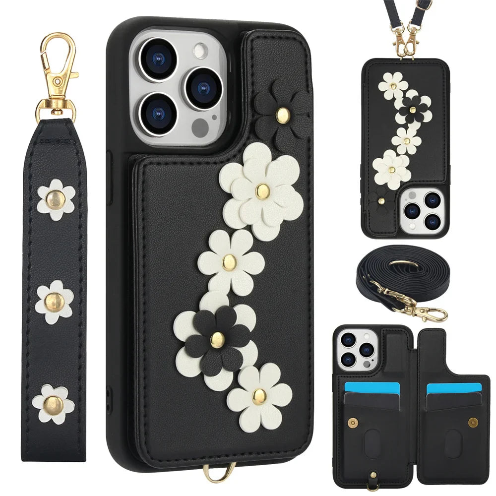 3IN1 Crossbody Rope Wrist Strap Flowers Leather Wallet Case For iPhone