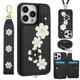 3IN1 Crossbody Rope Wrist Strap Flowers Leather Wallet Case For iPhone