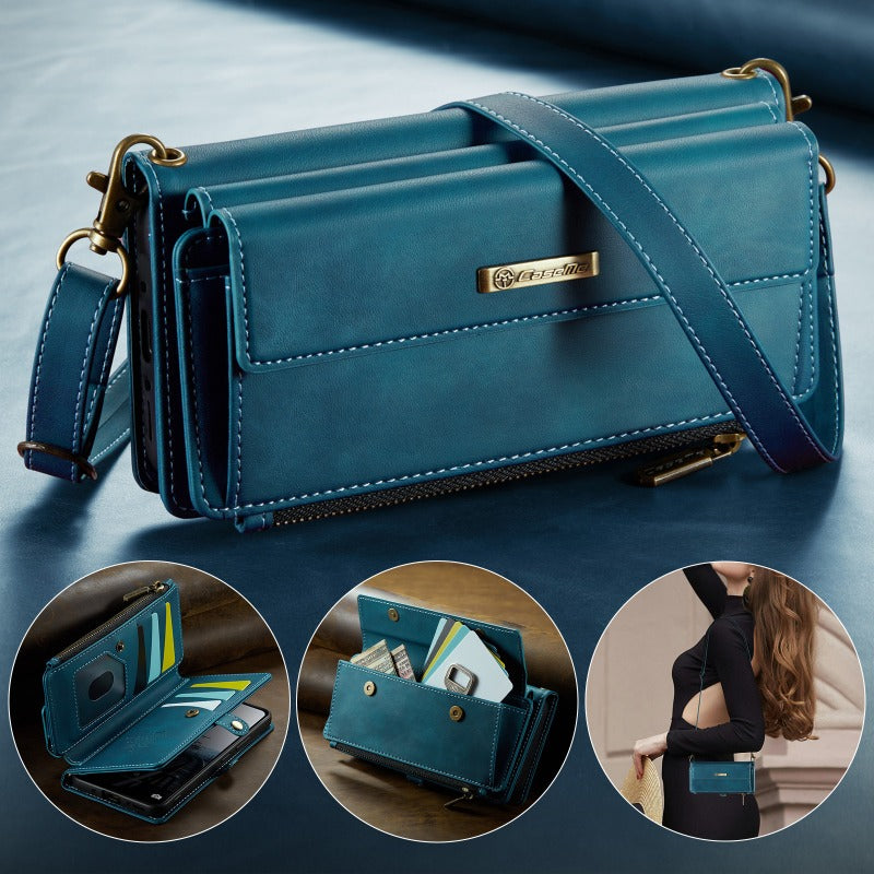 New Retro RFID-Shielded Zipper Wallet, Supports Wireless Charging, Comes with Long and Short Lanyards, Leather Phone Case for Samsung