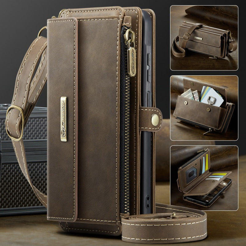 New Retro RFID-Shielded Zipper Wallet, Supports Wireless Charging, Comes with Long and Short Lanyards, Leather Phone Case for Samsung