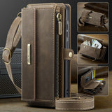 New Retro RFID-Shielded Zipper Wallet, Supports Wireless Charging, Comes with Long and Short Lanyards, Leather Phone Case for Samsung