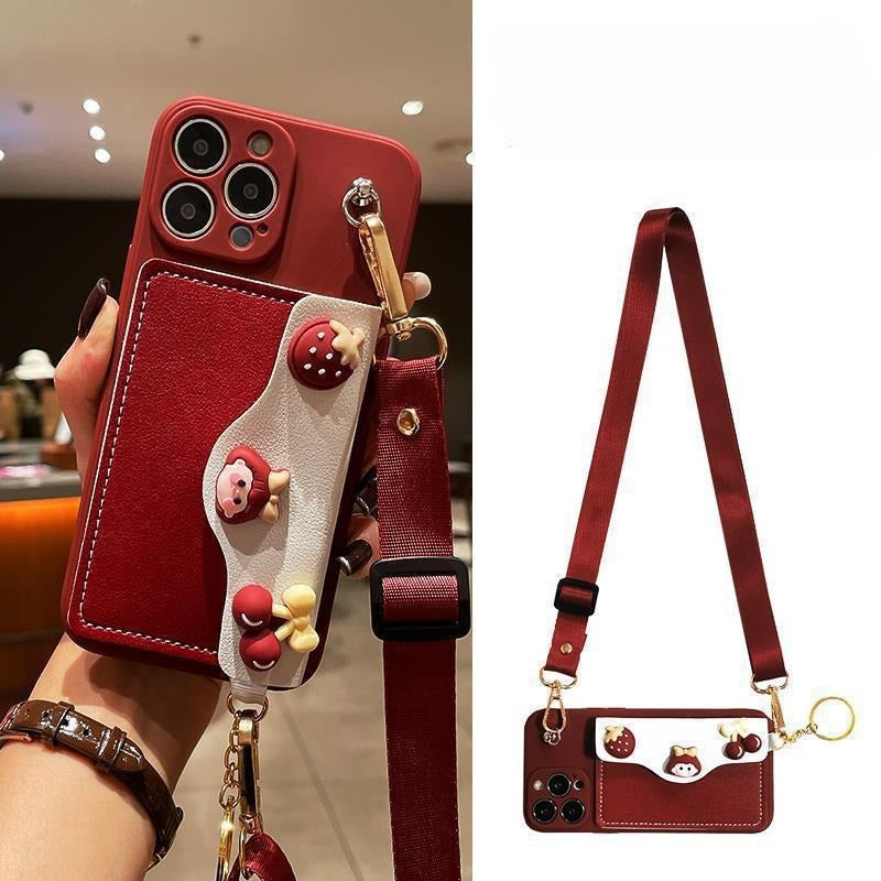 Cartoon Girl Head Crossbody Card Holder Phone Case for IPhone