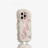 Silicone foundation plush pearl white snake case for iphone