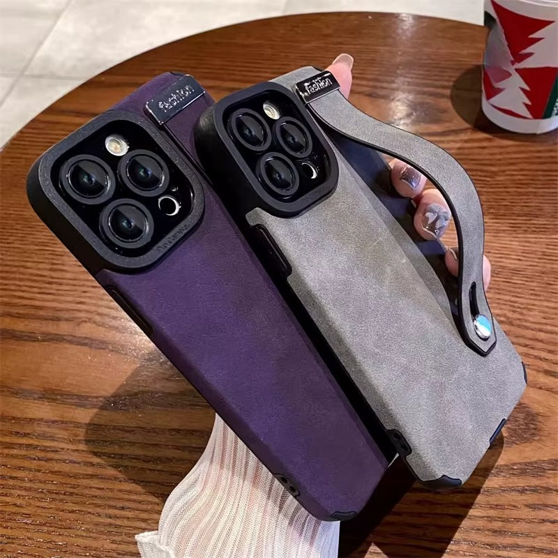 Suede Fur Leather Wrist Strap Holder Shockproof Case for iPhone