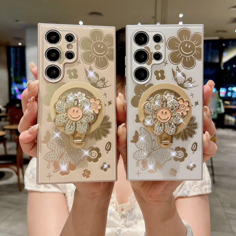 Rhinestone Butterfly And Flower Magnetic Phone Case for Samsung