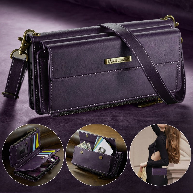 New Retro RFID-Shielded Zipper Wallet, Supports Wireless Charging, Comes with Long and Short Lanyards, Leather Phone Case for Samsung