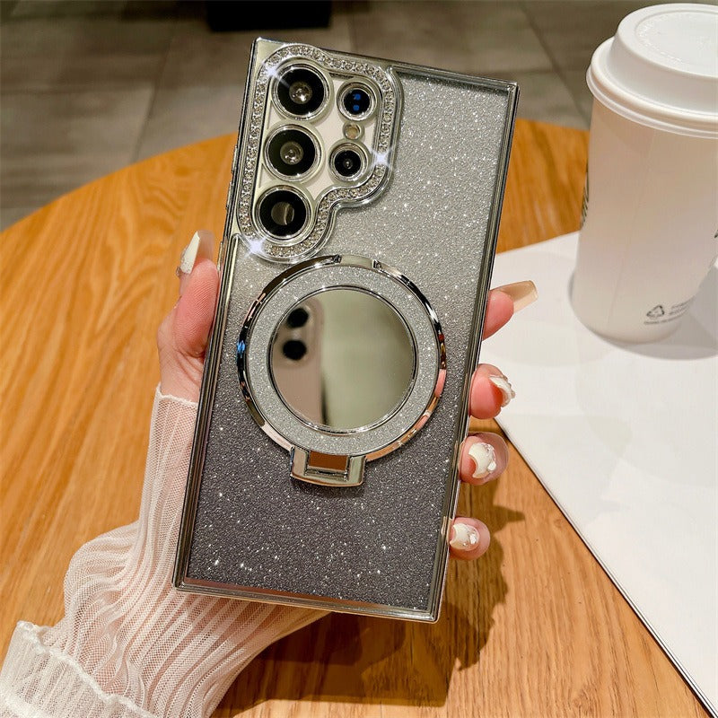 Rhinestone Glitter Magnetic Mirror Stand Anti-drop Phone Case for Samsung