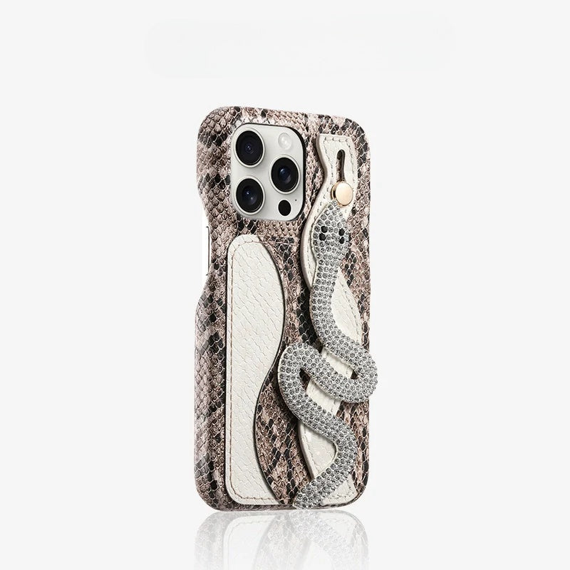 High-grade Snake Pattern Card Holder Diamond Wristband Case For iPhone