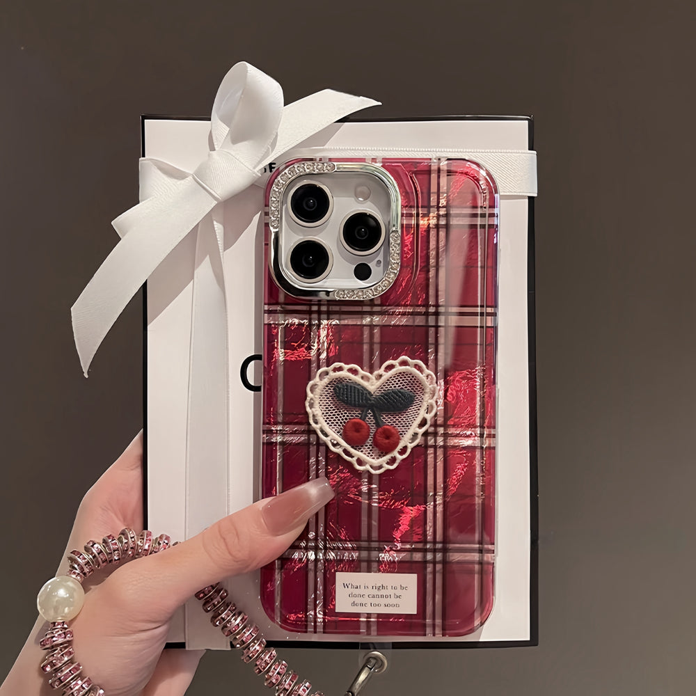 Cherry Red Plaid Love Heart Premium Bracelet Case For iPhone