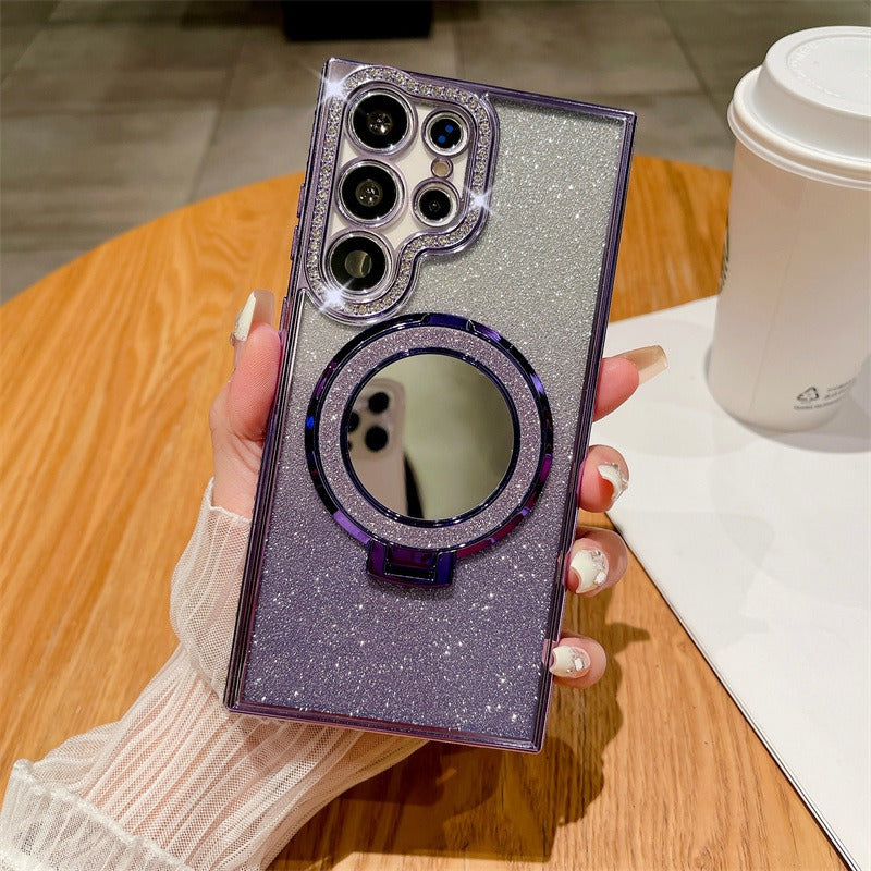 Rhinestone Glitter Magnetic Mirror Stand Anti-drop Phone Case for Samsung