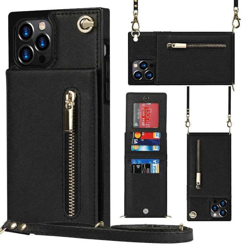 Stylish Leather Crossbody Zipper Back Cover Holder Wallet Card Holder Phone Case 3-In-1 for iphone
