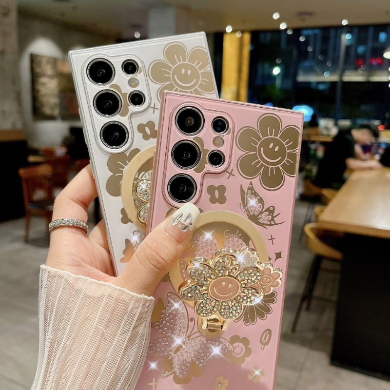 Rhinestone Butterfly And Flower Magnetic Phone Case for Samsung