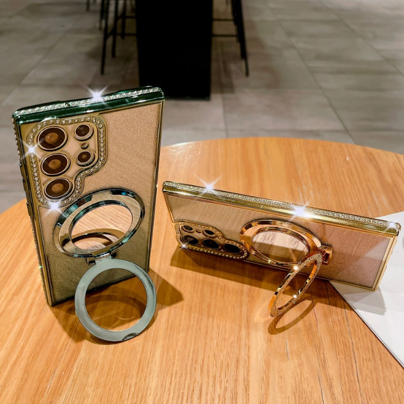 Rhinestone Glitter Magnetic Mirror Stand Anti-drop Phone Case for Samsung