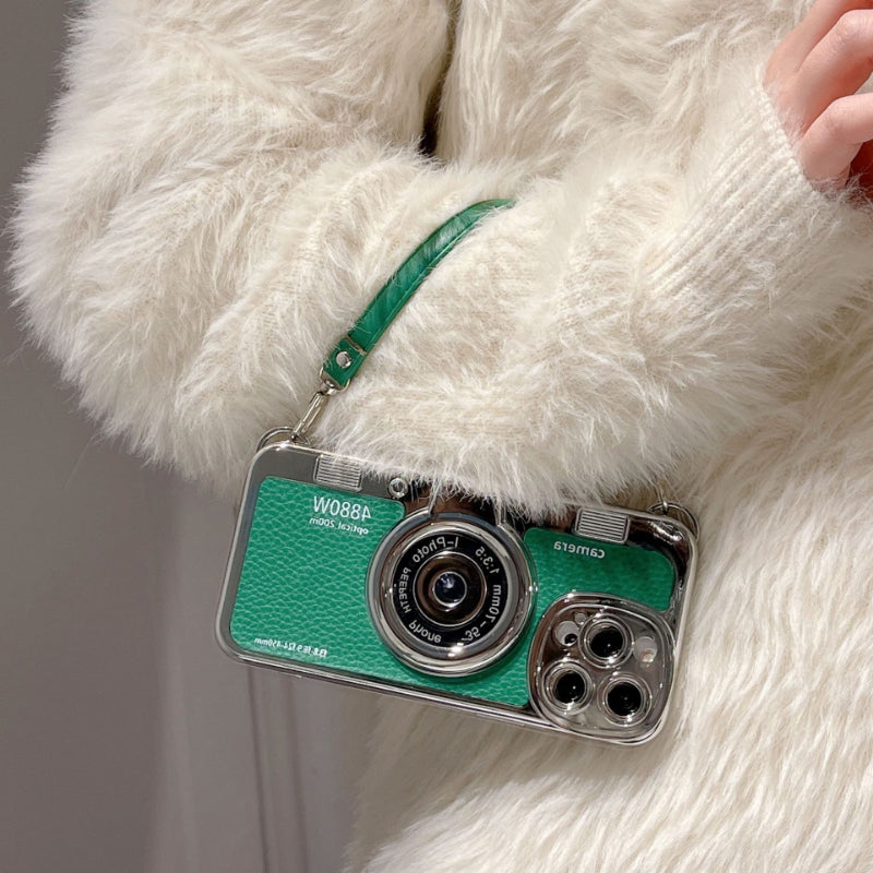 3D Retro Camera Graphic Phone Case PU Leather Strap For iPhone
