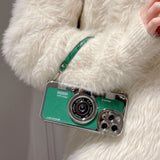 3D Retro Camera Graphic Phone Case PU Leather Strap For iPhone
