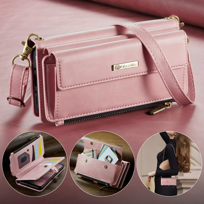 New Retro RFID-Shielded Zipper Wallet, Supports Wireless Charging, Comes with Long and Short Lanyards, Leather Phone Case for Samsung