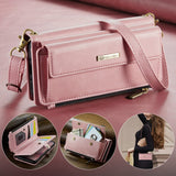 New Retro RFID-Shielded Zipper Wallet, Supports Wireless Charging, Comes with Long and Short Lanyards, Leather Phone Case for Samsung