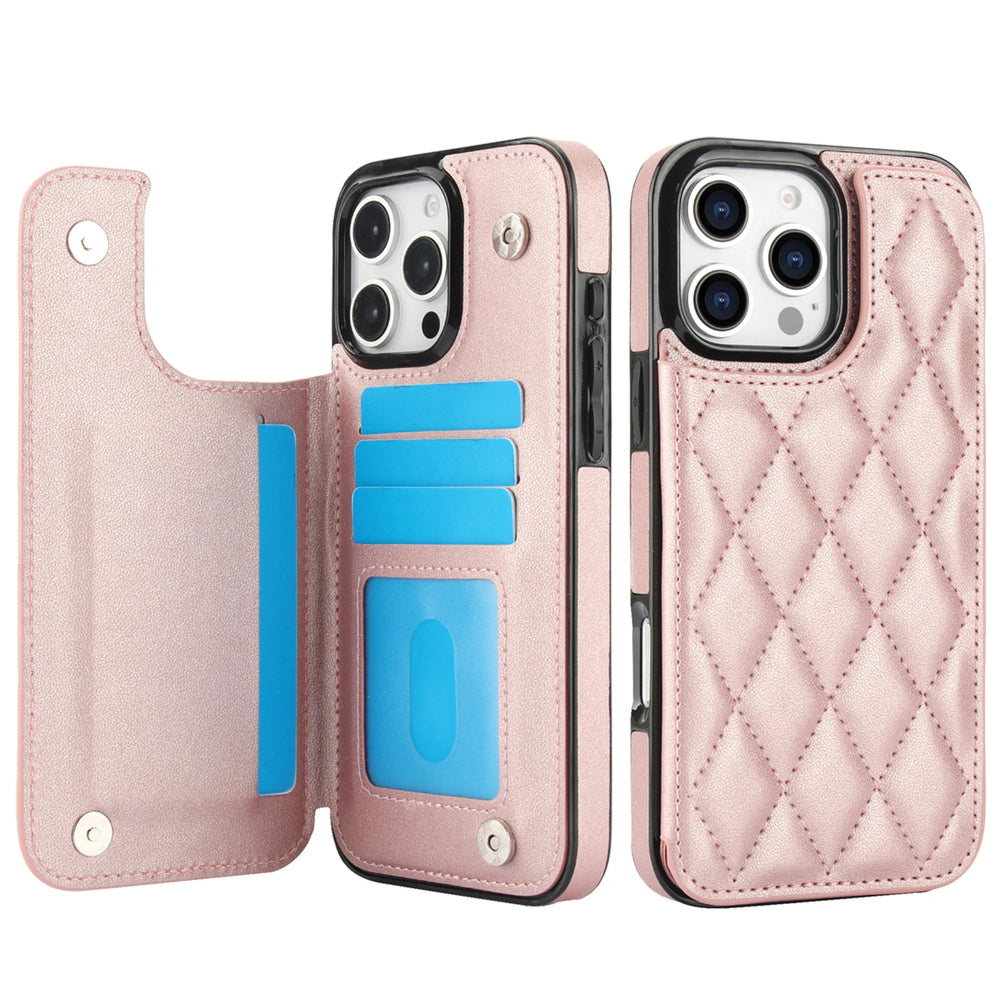 Card Slot Flip Leather Wallet Double Button Case For iPhone