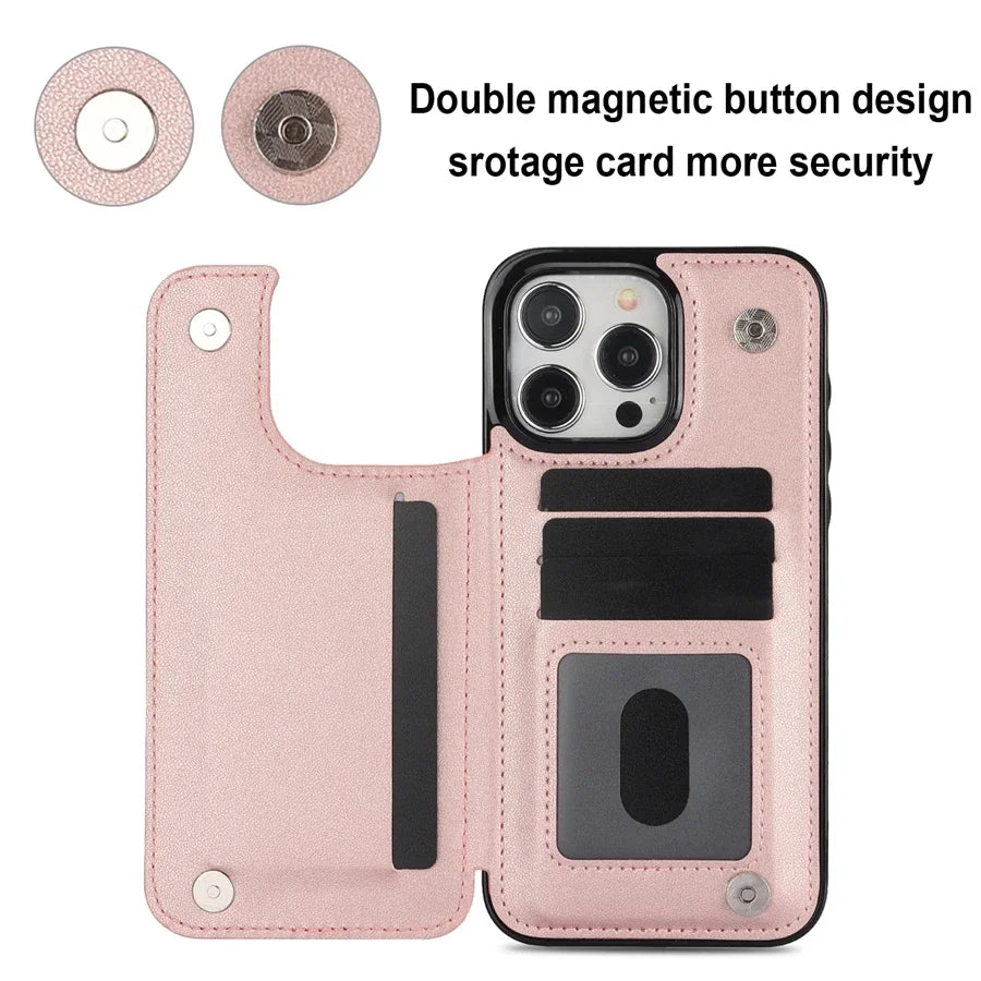 Card Slot Flip Leather Wallet Double Button Case For iPhone