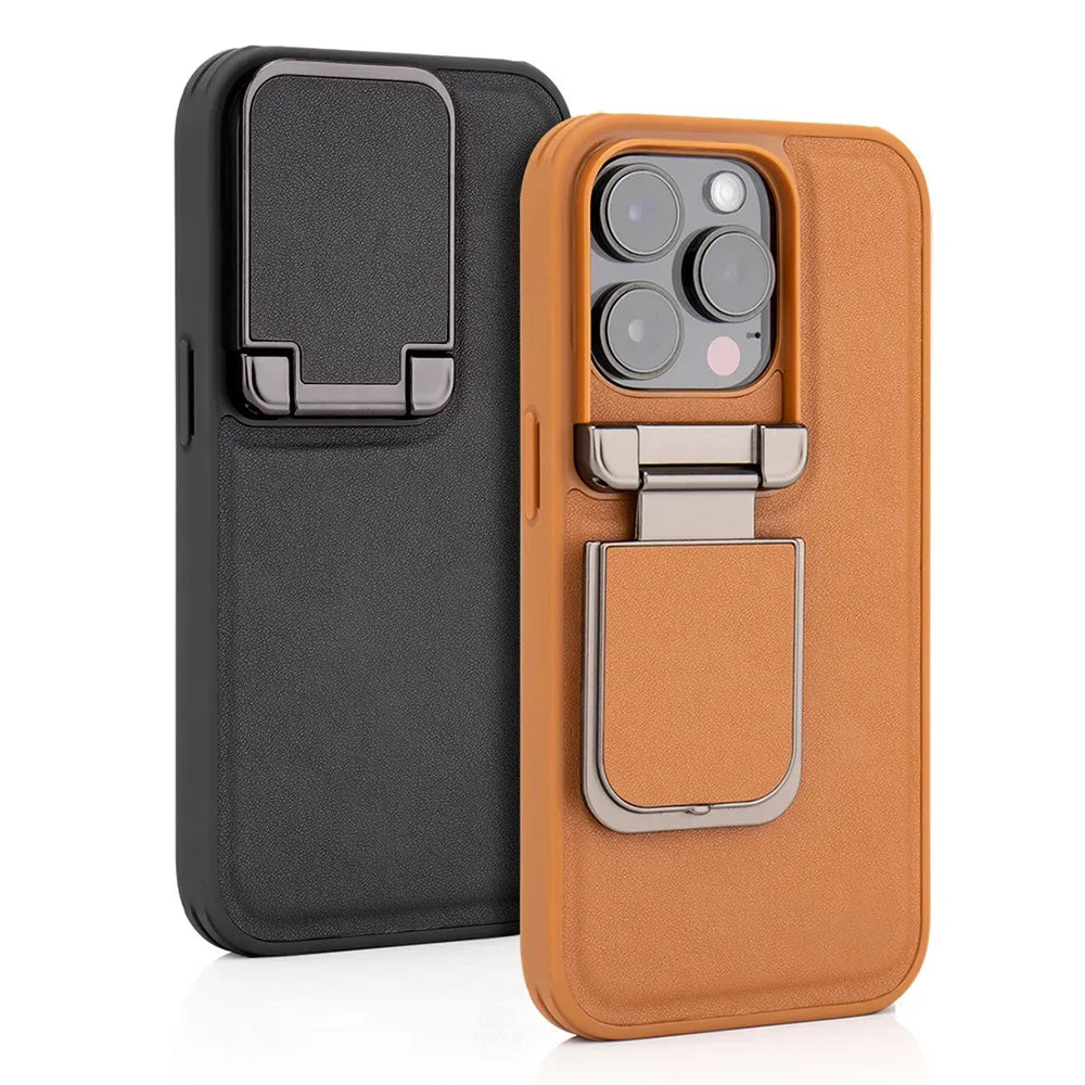 Flip Lens Wear-Resistant Leather Invisible Rotate Holder Case For iPhone