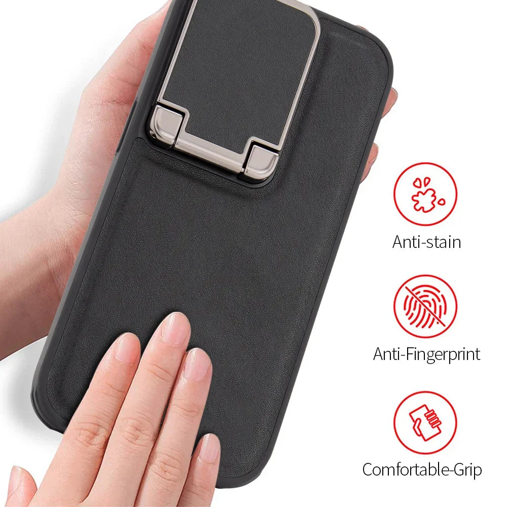 Flip Lens Wear-Resistant Leather Invisible Rotate Holder Case For iPhone