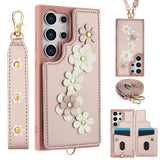 3IN1 Crossbody Rope Wrist Strap Flowers Leather Wallet Case For Samsung