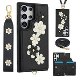 3IN1 Crossbody Rope Wrist Strap Flowers Leather Wallet Case For Samsung