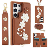 3IN1 Crossbody Rope Wrist Strap Flowers Leather Wallet Case For Samsung