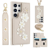 3IN1 Crossbody Rope Wrist Strap Flowers Leather Wallet Case For Samsung