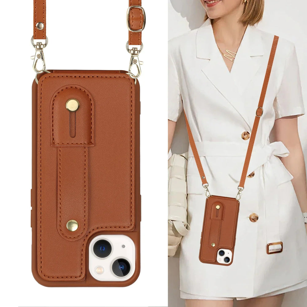 Crossbody Neckband Lanyard Wristband Wallet Leather Cards Holder Case for iPhone