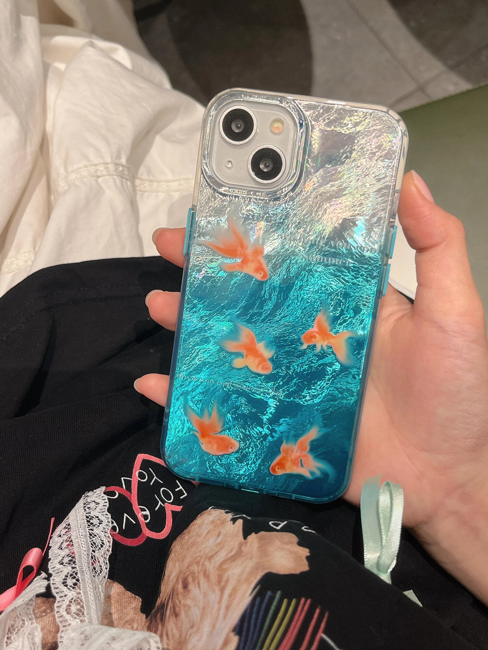 Ins Blue Ocean Lazily Goldfish Water Ripple Case for iPhone