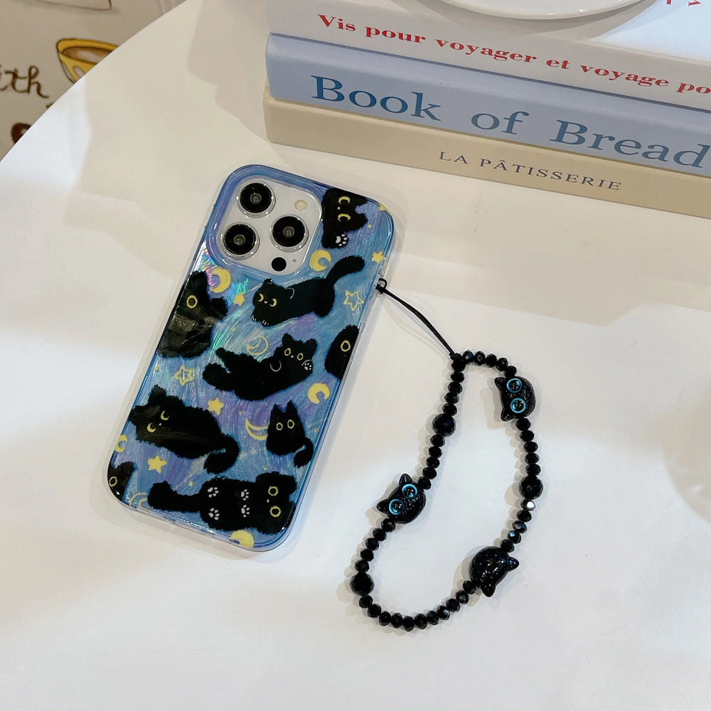 Cute Black Cats Double Layers Wrist Chain Case for iPhone