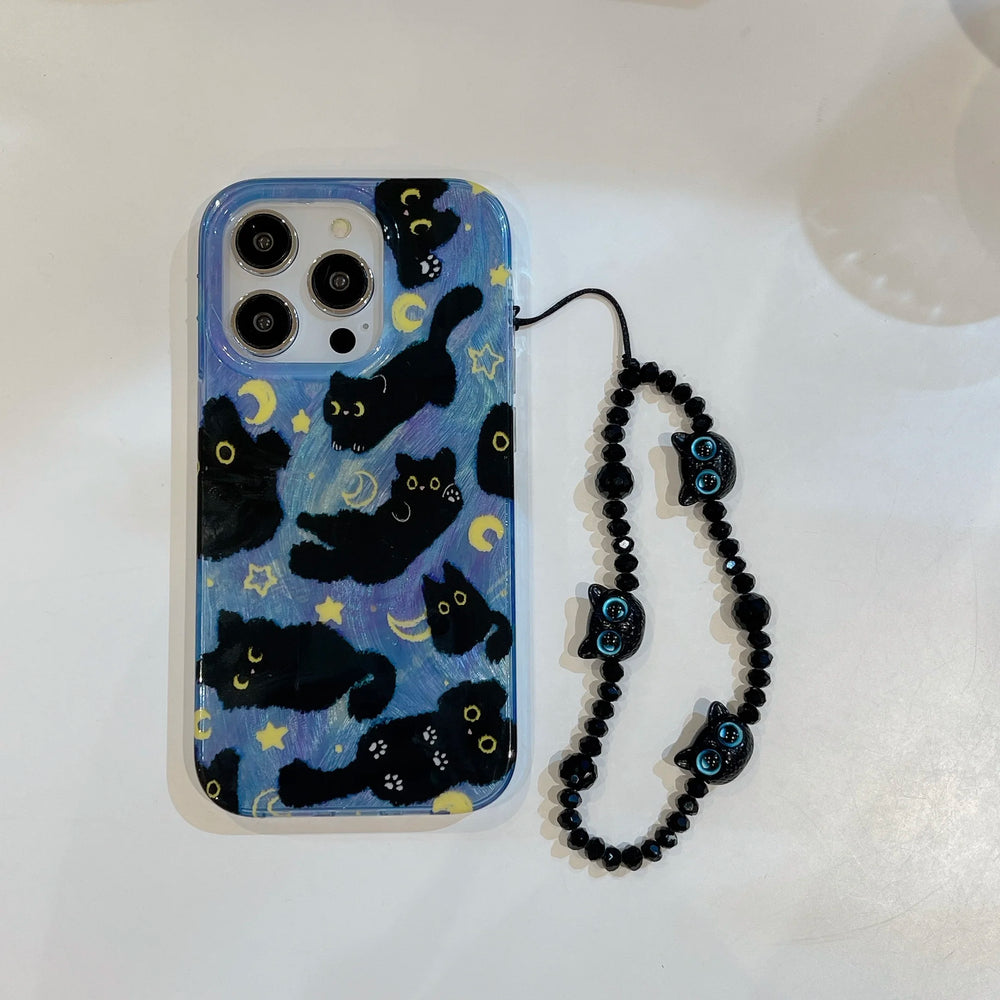 Cute Black Cats Double Layers Wrist Chain Case for iPhone